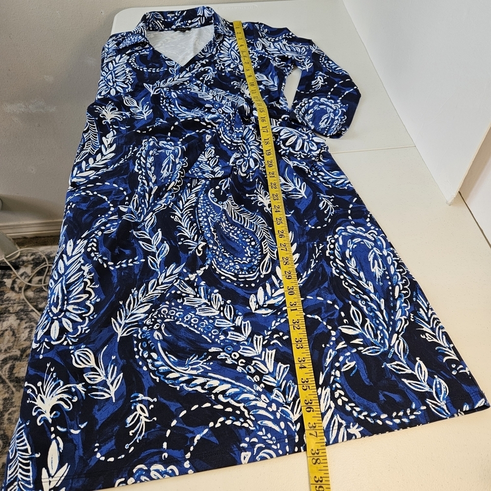 Talbots Effortless Jersey Kelly Dress Mock Wrap V-neck Sz S Blue White Paisley - Picture 10 of 10
